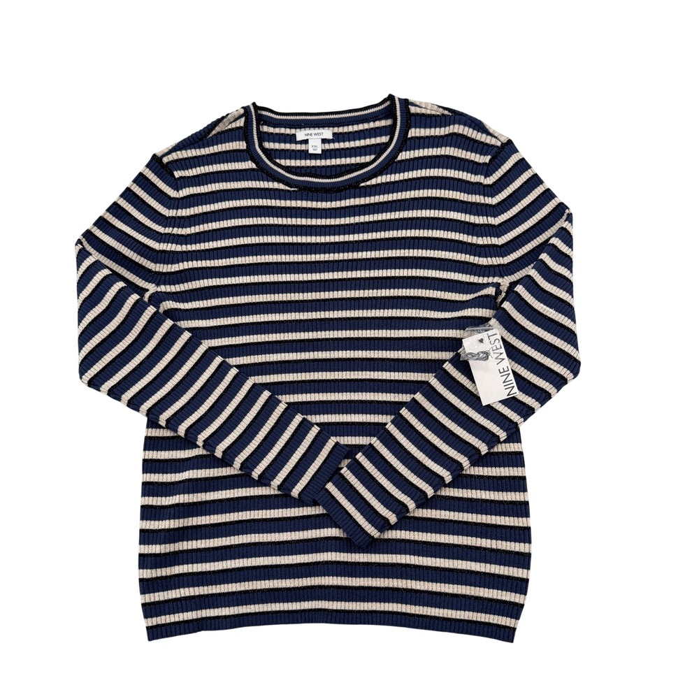 Nine West Womens XXL Navy Blue Striped Metallic Ribbed Knit Long Sleeve Top NEW